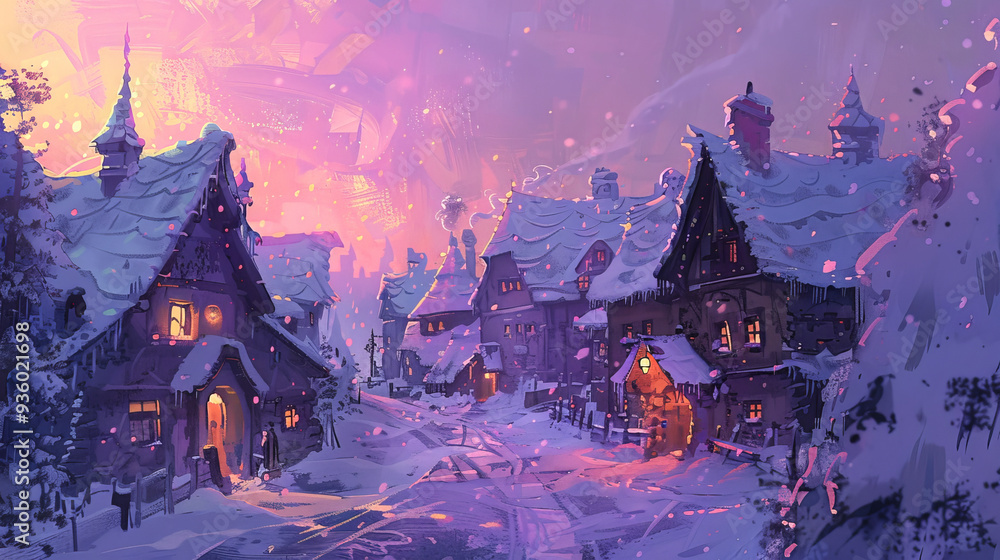 Watercolor Illustration of a Snowy Village at Dusk with Warm Lights in Windows and Falling Snowflakes, Concept of Winter, Tranquility, Evening Glow, and Artistic Landscape Watercolor Illustration of a Snowy Village at Dusk with Warm Lights in Windows and Falling Snowflakes, Concept of Winter, Tranquility, Evening Glow, and Artistic Landscape