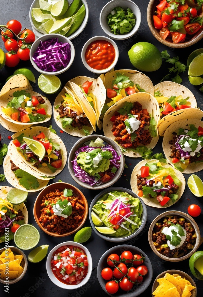 colorful taco display featuring variety bold fresh ingredients delightful culinary experience, vibrant, colors, flavors, textures, spicy, toppings, herbs colorful taco display featuring variety bold fresh ingredients delightful culinary experience, vibrant, colors, flavors, textures, spicy, toppings, herbs