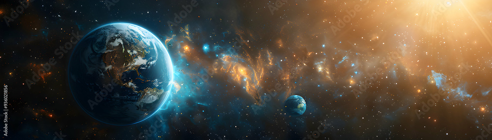 Naklejka premium Earth Noon and Space Midnight Photo Realistic Concept: A view of Earth at noon and space at midnight against a whimsical background, symbolizing the cycle of time and the interplay