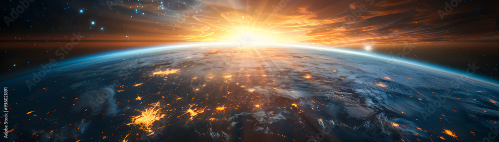 Photo Realistic Earth Noon Space Midnight: A Unique View of Earth Space Against Whimsical Background for Time Light Darkness Cycle Photo Stock Concept Photo Realistic Earth Noon Space Midnight: A Unique View of Earth Space Against Whimsical Background for Time Light Darkness Cycle Photo Stock Concept