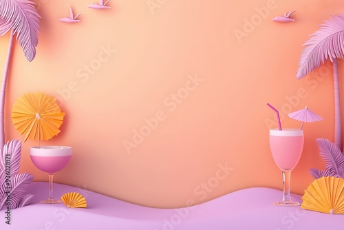 Summer-themed wallpaper with gradient sunset orange and purple background tropical birds palm trees and copy space for text.