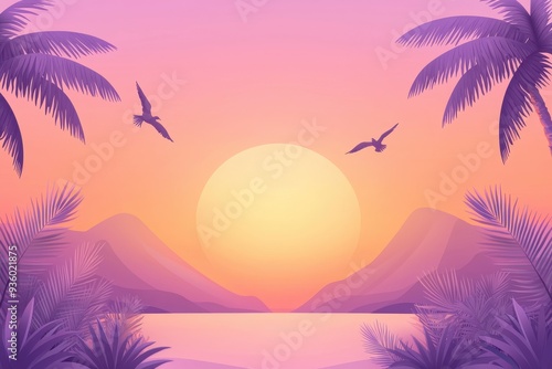 Minimalistic sunset over tropical mountains with palm trees and birds flying in a serene beach setting symbolizing tranquility and escape