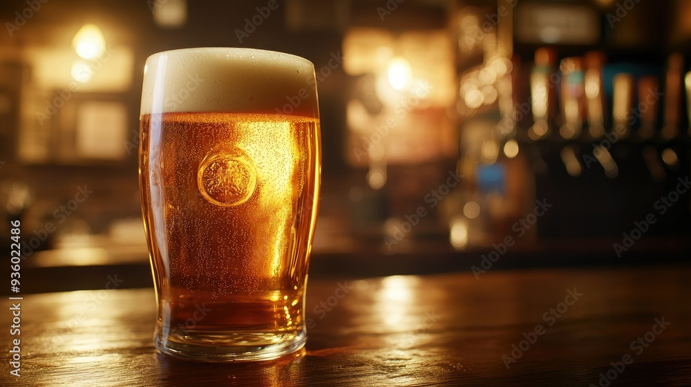 Golden beer in a pint, with warm, soft light highlighting its frothy head and rich color. Golden beer in a pint, with warm, soft light highlighting its frothy head and rich color.
