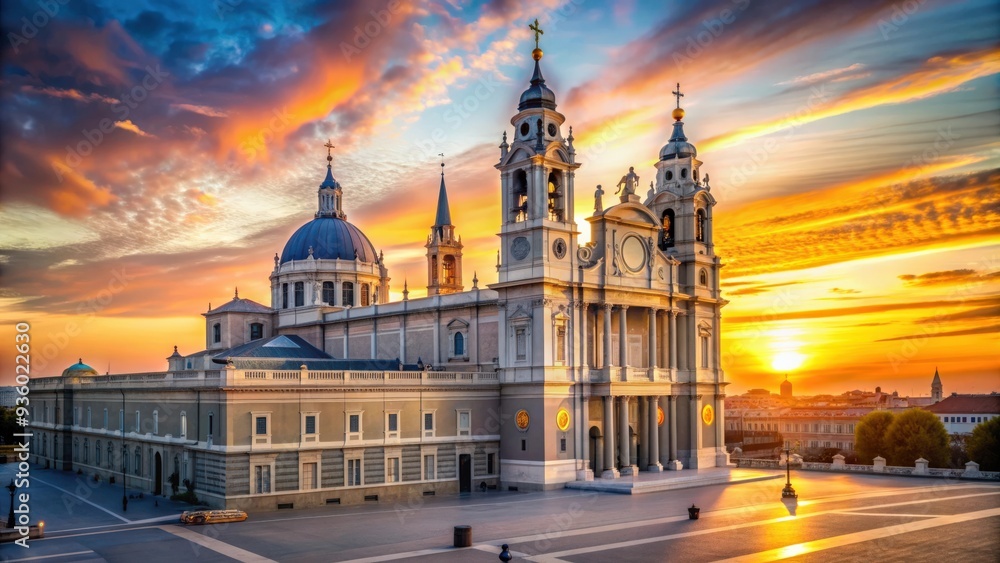 Cathedral Santa Maria in Madrid Spain glowing in the sunset light, Madrid, Spain, Cathedral, Santa Maria, sunset Cathedral Santa Maria in Madrid Spain glowing in the sunset light, Madrid, Spain, Cathedral, Santa Maria, sunset