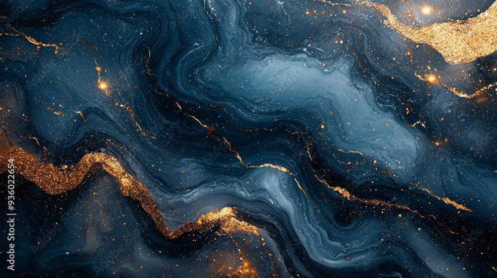 Blue and gold swirling patterns create an eye-catching visual effect in this abstract artwork that resembles marble with fluid movement. Blue and gold swirling patterns create an eye-catching visual effect in this abstract artwork that resembles marble with fluid movement.