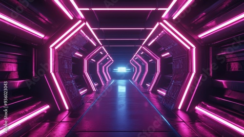 Futuristic corridor with vibrant pink neon lights and a glowing blue center, creating an immersive sci-fi atmosphere.