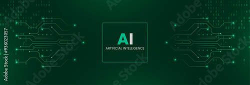 Tech banner with a green background emphasizing artificial intelligence. The circuit data flow and advanced technology concepts. The word "AI" is centered on a green background with circuit patterns.
