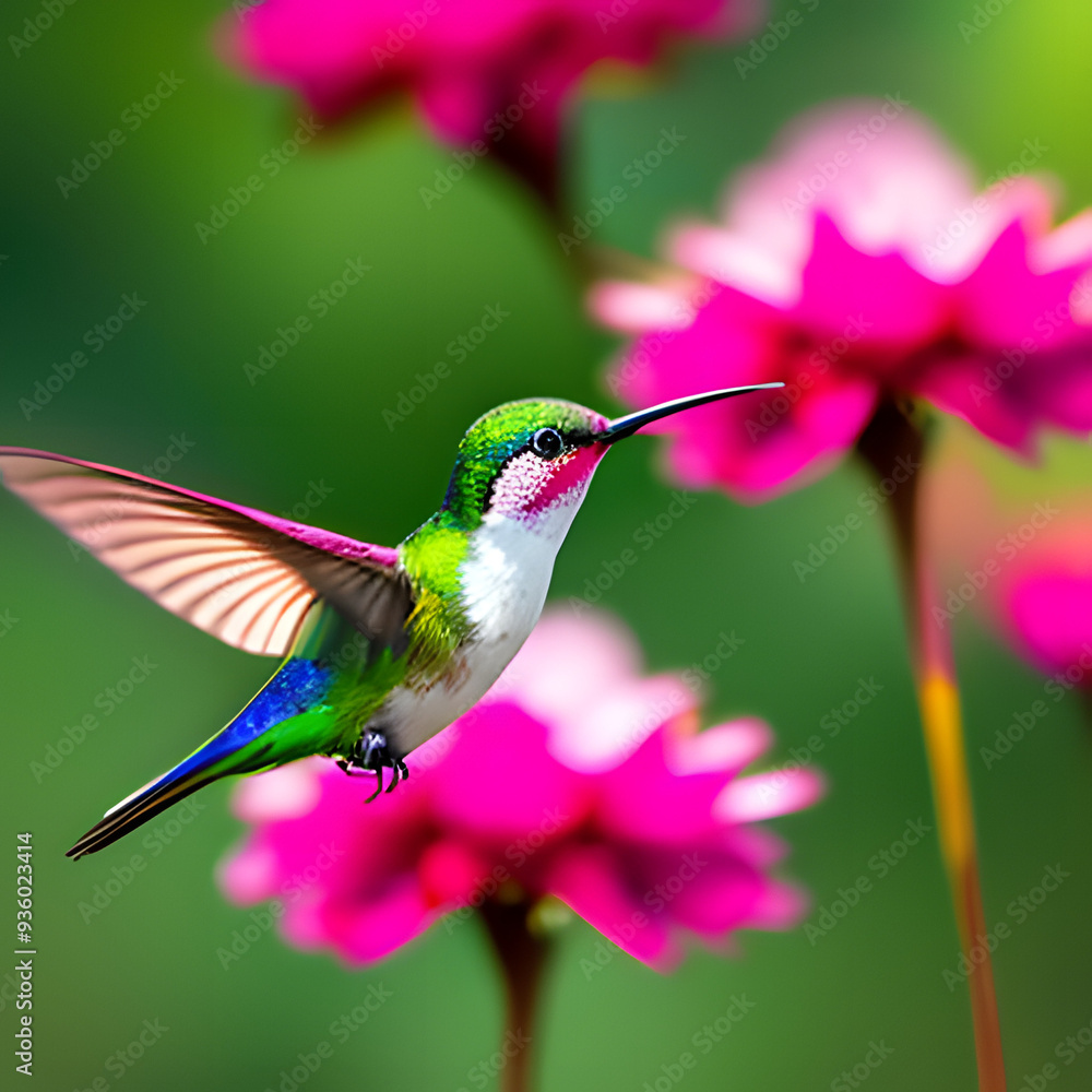 Obraz premium Hummingbird in a flower dance. Created with Generative AI technology