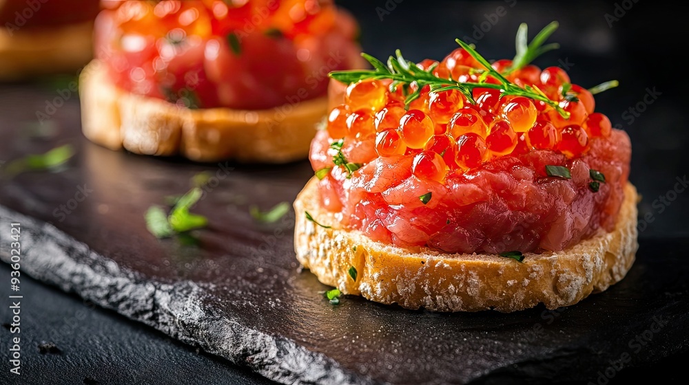 Gourmet canap with brioche topped with raw beef tartar and salmon red caviar, elegantly presented on a slate surface. Gourmet canap with brioche topped with raw beef tartar and salmon red caviar, elegantly presented on a slate surface.