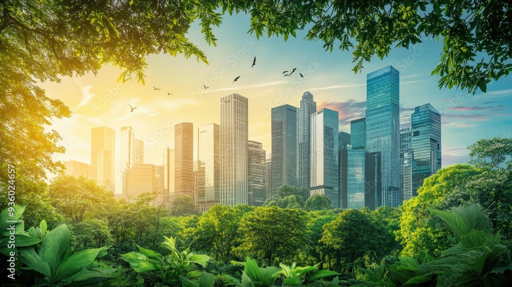 Obraz premium Green city technology shifting towards sustainable alteration concept by clean energy , recycling and zero waste management to reduce pollution generation and achieve ESG goals . -