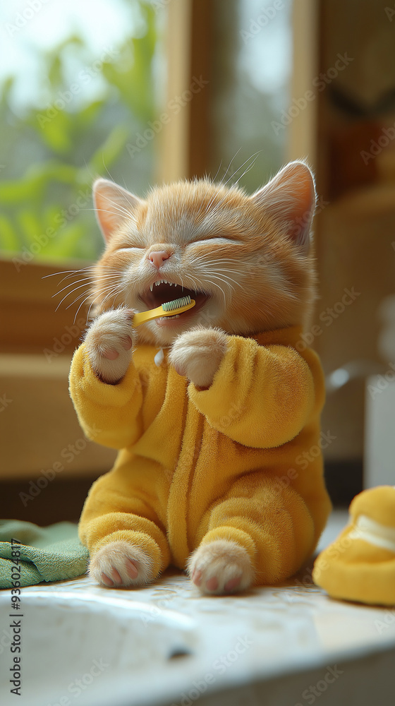 Cat dental hygiene, cartoon cute cat brushing teeth Cat dental hygiene, cartoon cute cat brushing teeth