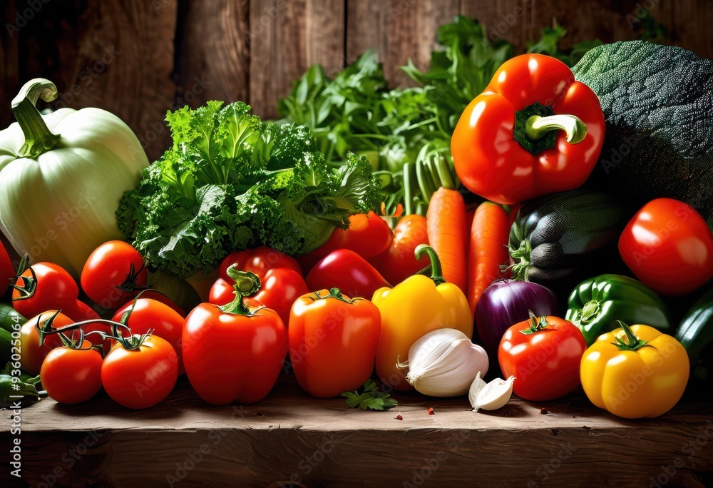 vibrant ingredients beautifully arranged rustic wooden backdrop showcasing fresh produce colorful vegetables, arrangement, herbs, spices, peppers, tomatoes vibrant ingredients beautifully arranged rustic wooden backdrop showcasing fresh produce colorful vegetables, arrangement, herbs, spices, peppers, tomatoes