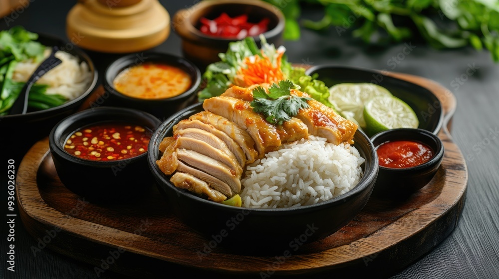 Hainanese chicken rice and soup on a dark wooden table, focusing on the traditional Thai meal's presentation and flavors. Ideal for showcasing Thai cuisine. Hainanese chicken rice and soup on a dark wooden table, focusing on the traditional Thai meal's presentation and flavors. Ideal for showcasing Thai cuisine.