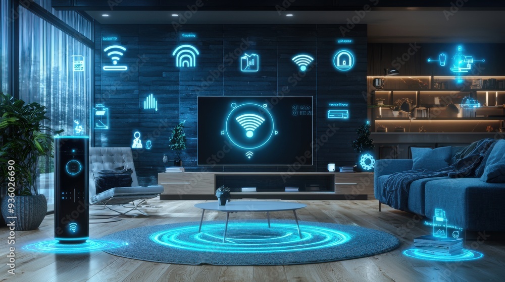 An individual interacting with a smart home device, using a voice-activated AI assistant to adjust settings, the interior design reflecting a modern, tech-savvy lifestyle An individual interacting with a smart home device, using a voice-activated AI assistant to adjust settings, the interior design reflecting a modern, tech-savvy lifestyle
