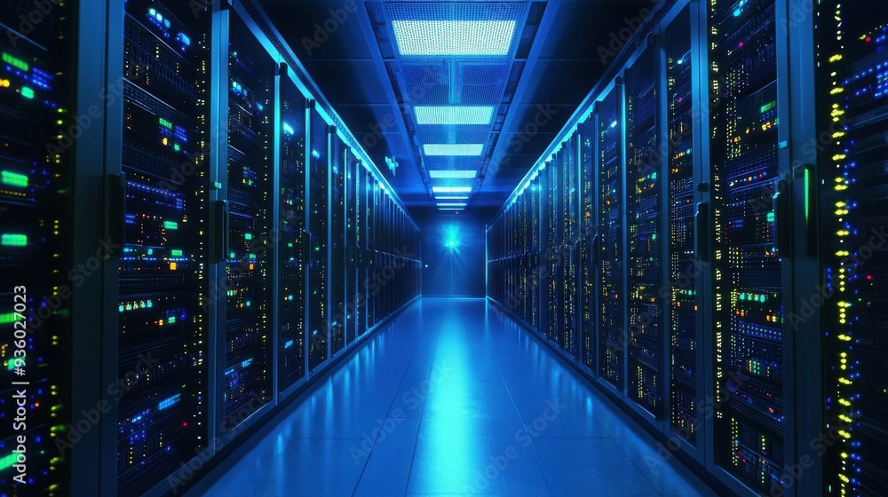 Rows of servers in an advanced data center, the blinking lights and cool environment symbolizing the robust infrastructure that powers AI technology Rows of servers in an advanced data center, the blinking lights and cool environment symbolizing the robust infrastructure that powers AI technology