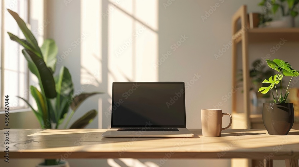 Fototapeta premium Cozy home office with a modern minimalist design, large wooden desk with a laptop, coffee mug, and houseplants, natural light from a nearby window, neutral color palette, peaceful and productive