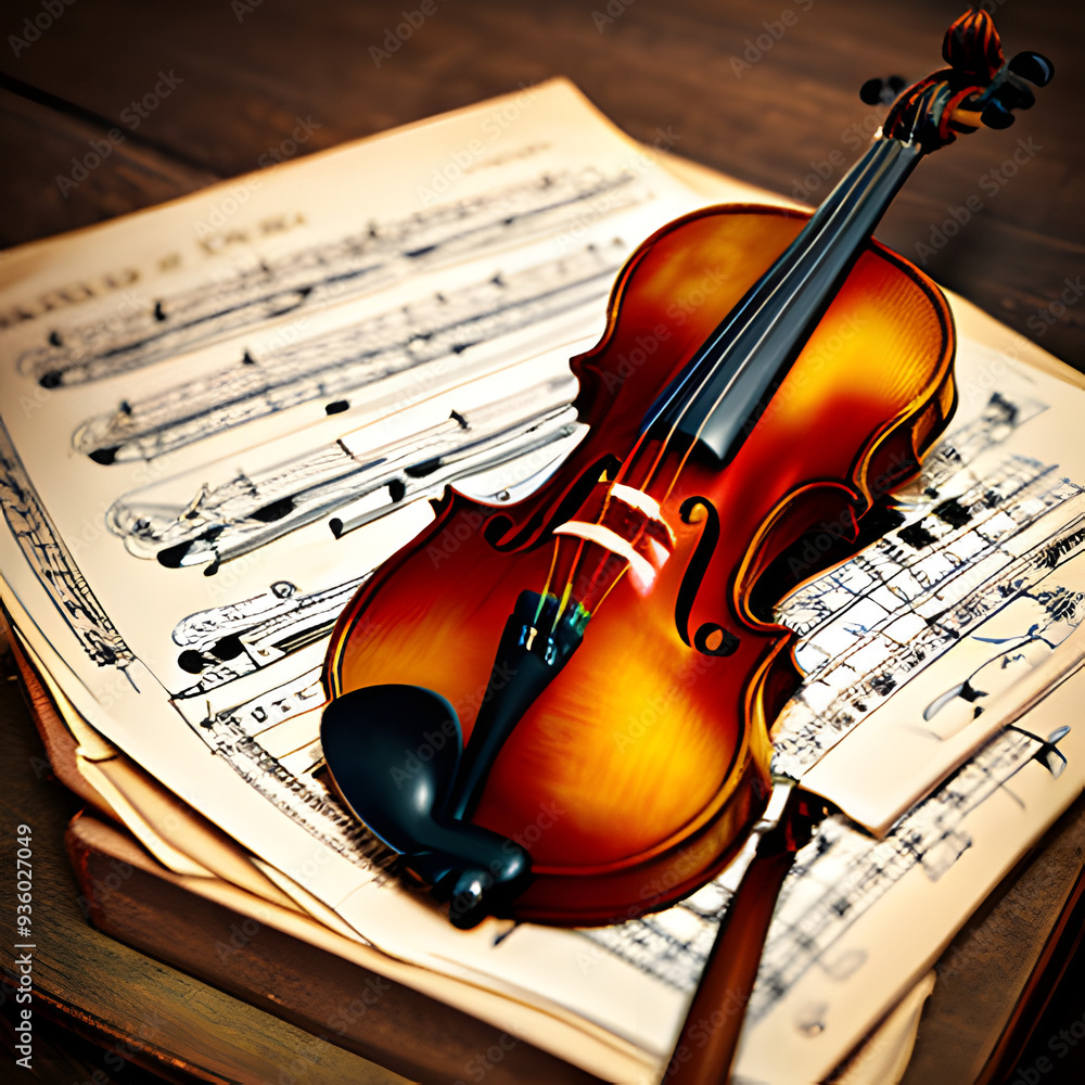 Fototapeta premium Elegant Violin and Sheet Music. Created with Generative AI technology