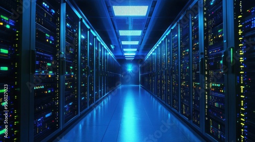 Rows of servers in an advanced data center, the blinking lights and cool environment symbolizing the robust infrastructure that powers AI technology photo