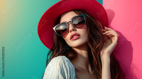 Wallpaper Mural Stylish Woman in Vibrant Sunglasses and Fashionable Hat Torontodigital.ca