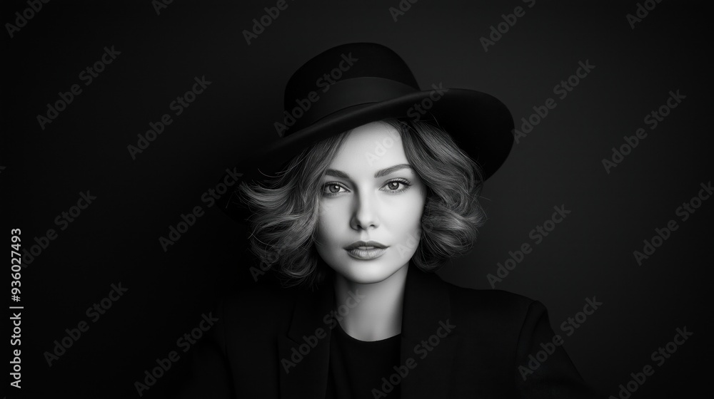 Black and white portrait of a woman wearing a stylish black hat and blazer, with wavy hair and a serious expression. Black and white portrait of a woman wearing a stylish black hat and blazer, with wavy hair and a serious expression.