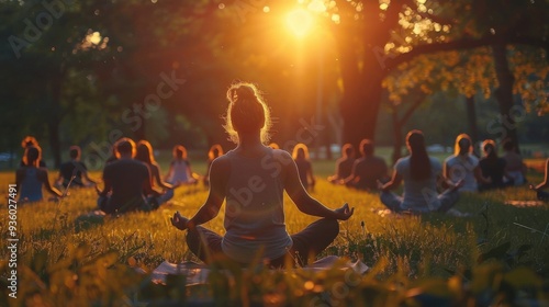 Group of peoples practicing yoga Exercise Relax at the park at sunset