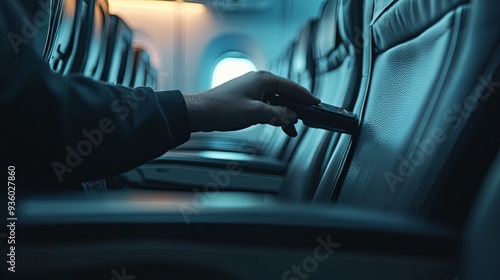 Elegant image of a passenger’s hand adjusting a reclining seat in an airplane cabin, with the seat control in sharp focus and the rest of the cabin softly blurred, capturing the comfort of modern air