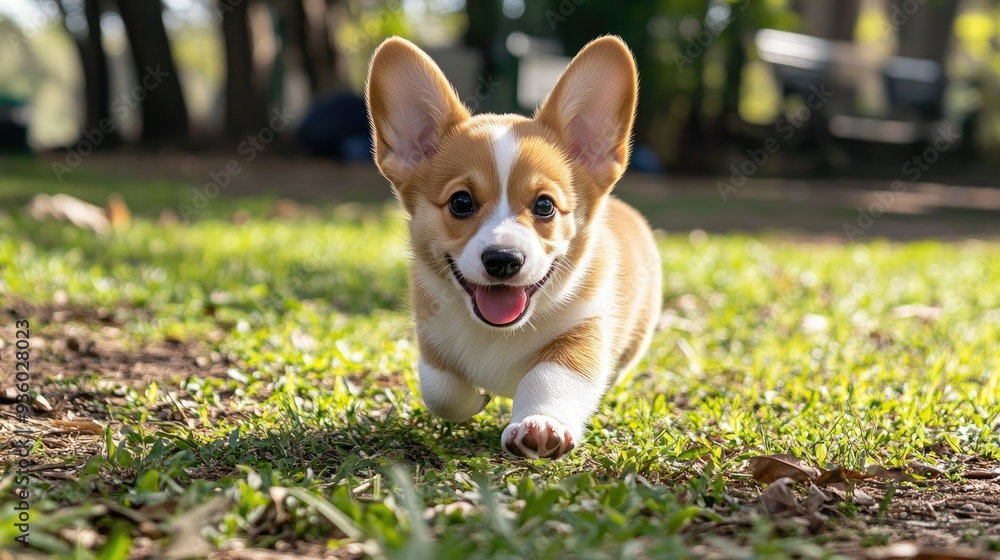 Happy little Pembroke Welsh Corgi puppy exploring a green clearing, looking curious and joyful. Happy little Pembroke Welsh Corgi puppy exploring a green clearing, looking curious and joyful.