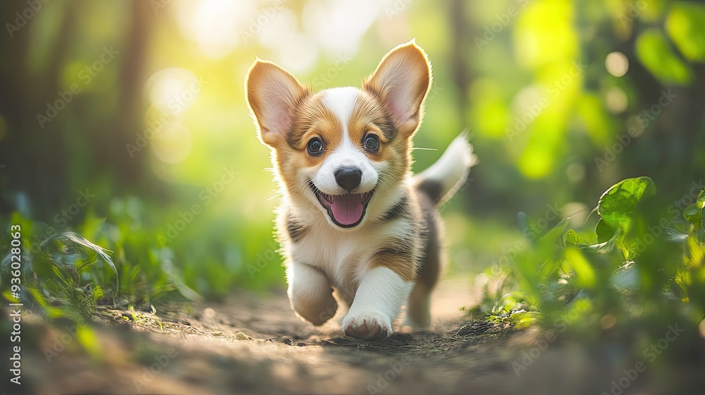 Happy little Pembroke Welsh Corgi puppy exploring a green clearing, looking curious and joyful. Happy little Pembroke Welsh Corgi puppy exploring a green clearing, looking curious and joyful.