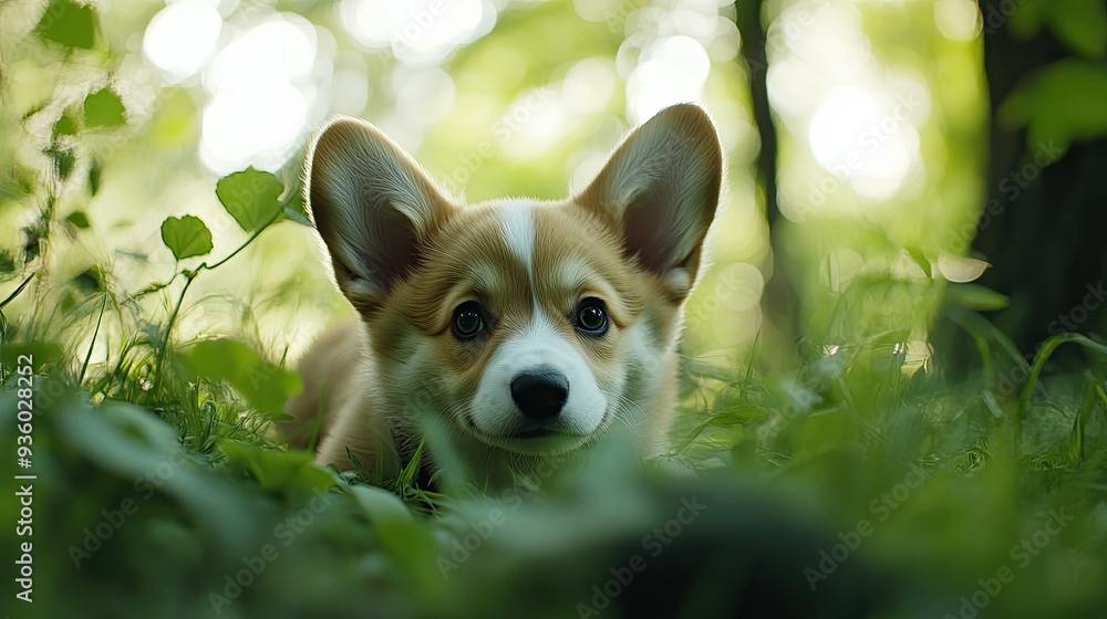Happy little Pembroke Welsh Corgi puppy exploring the green clearing, sniffing around curiously. Happy little Pembroke Welsh Corgi puppy exploring the green clearing, sniffing around curiously.