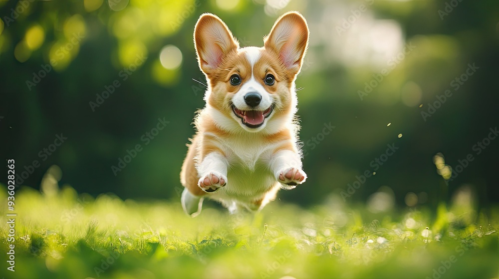 Happy little Pembroke Welsh Corgi puppy jumping in a green clearing, mid-air with ears perked up. Happy little Pembroke Welsh Corgi puppy jumping in a green clearing, mid-air with ears perked up.