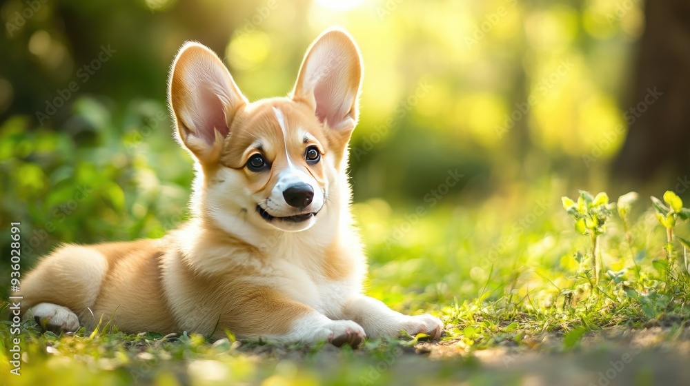 Happy little Pembroke Welsh Corgi puppy resting in a shady spot in a green clearing, looking peaceful.