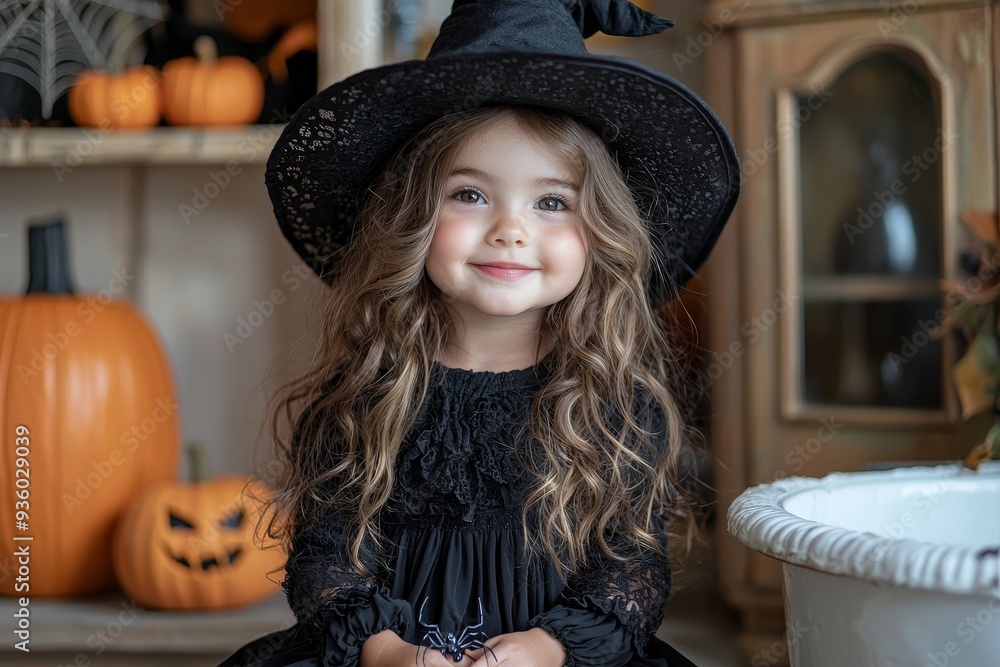 An outdoor Halloween party at home. The child is playing with decorations and wearing a Halloween costume as she sits on the kitchen table. An outdoor Halloween party at home. The child is playing with decorations and wearing a Halloween costume as she sits on the kitchen table.