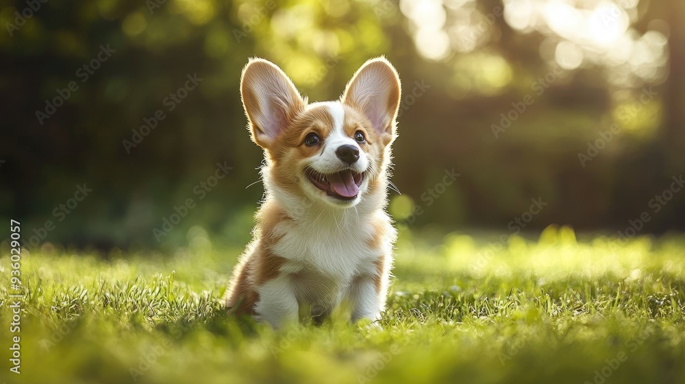 Happy little Pembroke Welsh Corgi puppy sitting on the grass in a green clearing, eyes sparkling with joy. - Happy little Pembroke Welsh Corgi puppy sitting on the grass in a green clearing, eyes sparkling with joy. -