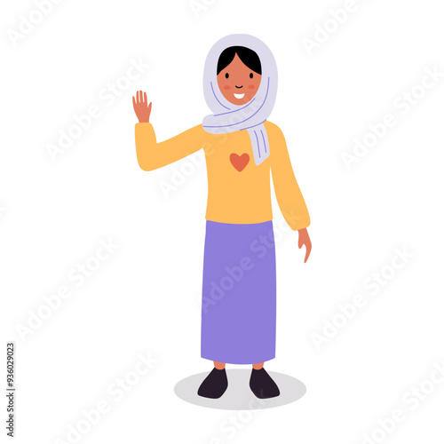 A cheerful young woman in traditional attire waving warmly in a friendly gesture