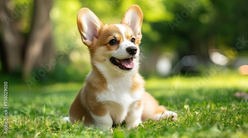 Happy little Pembroke Welsh Corgi puppy sitting on the grass in a green clearing, eyes sparkling with joy. -