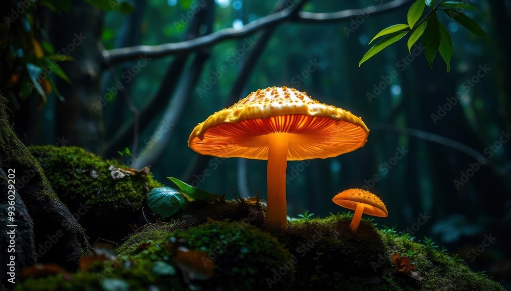 Fototapeta premium Mushroom Wallpaper ,Fantasy Wallpaper, 4K, Mushroom Light, Fantasy Mushroom, Jungle, Forest Mushroom, Jungle Background, fantasy, ai