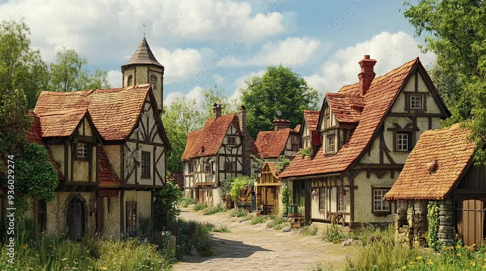 Charming village of medieval houses with cobblestone streets and ...