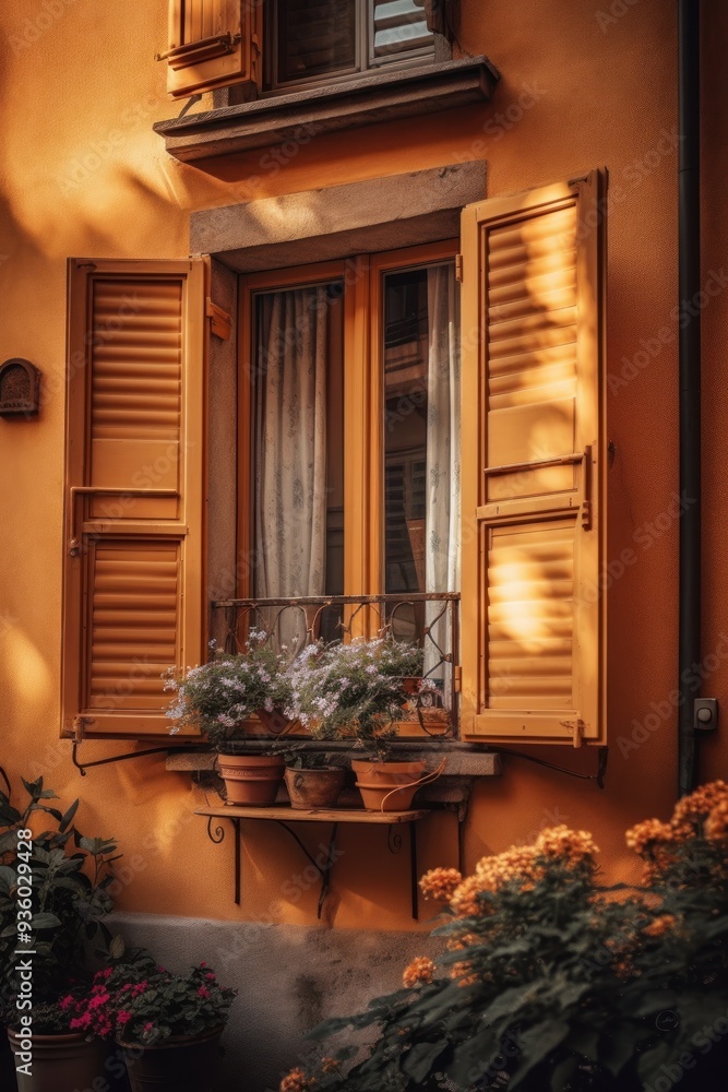 Bright orange wall with window and flower box Bright orange wall with window and flower box
