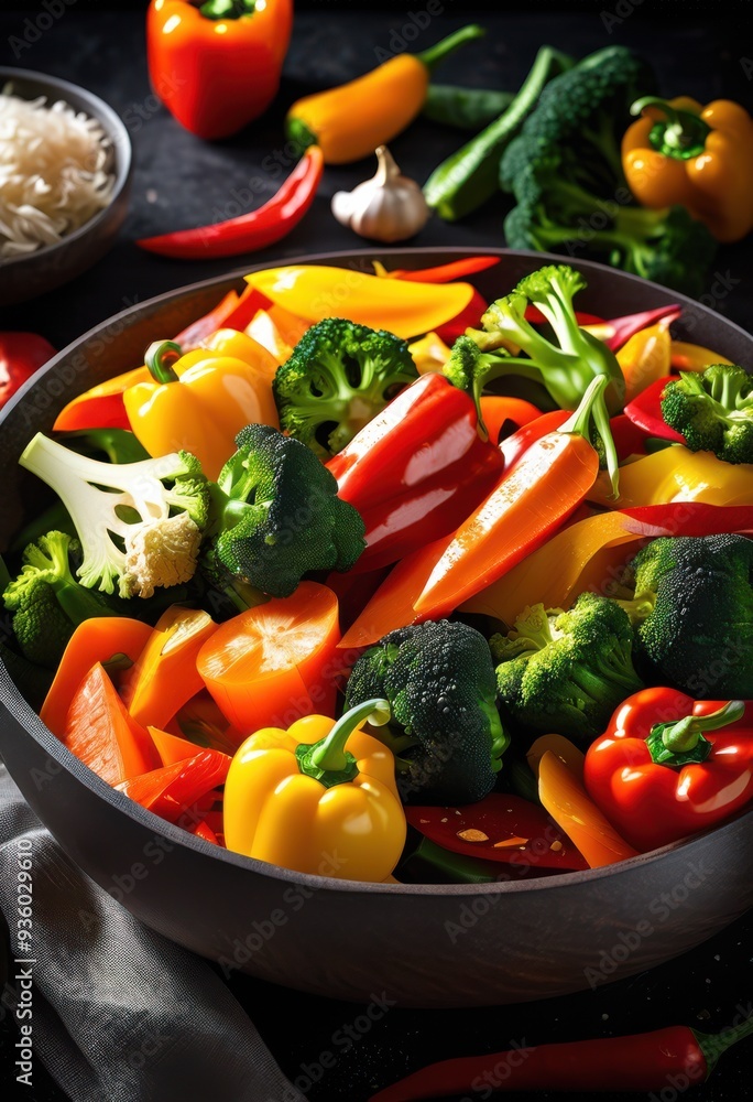 colorful vibrant stir fry ingredients artfully arranged fresh vegetables aromatic spices, peppers, onions, broccoli, carrots, garlic, ginger, mushrooms