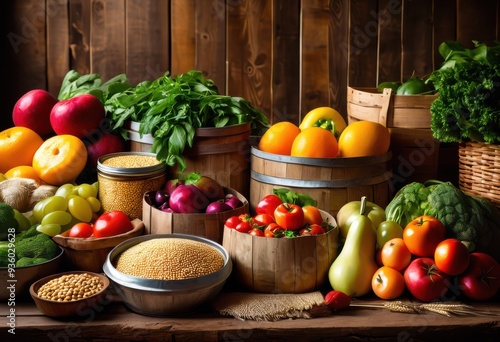 vibrant food donation setup featuring colorful produce essentials rustic wooden backdrop, boxes, bags, fruits, vegetables, charity, community, arrangement photo