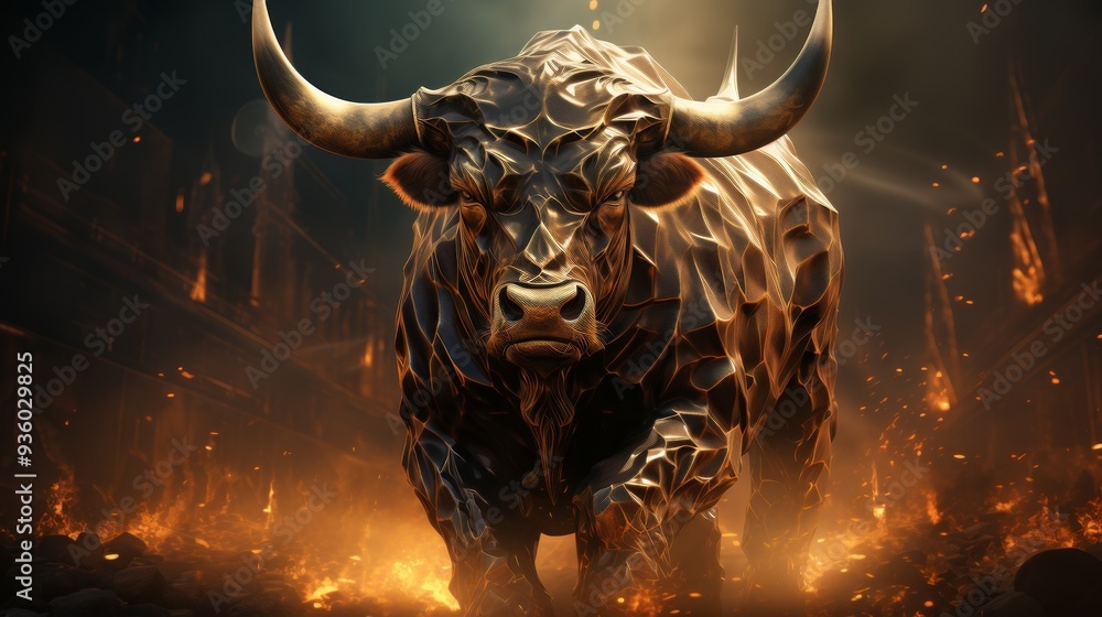 3D Digital Art of Galloping Golden Bull on Glowing Background 3D Digital Art of Galloping Golden Bull on Glowing Background