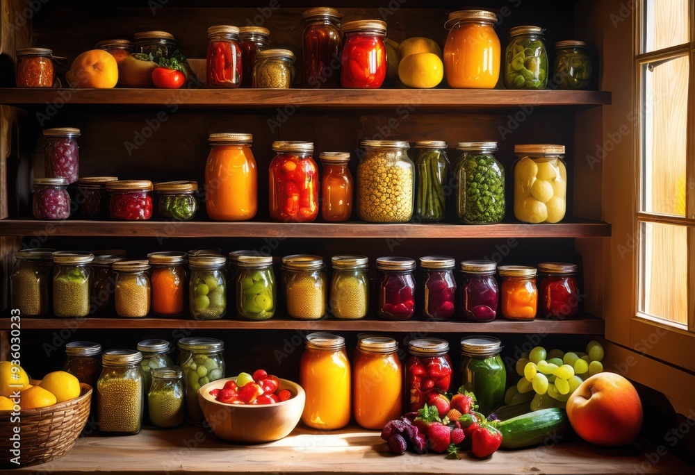 colorful vibrant pantry shelves overflowing fresh produce including jars bright inviting kitchen setting, fruits, vegetables, display, arrangement, food colorful vibrant pantry shelves overflowing fresh produce including jars bright inviting kitchen setting, fruits, vegetables, display, arrangement, food