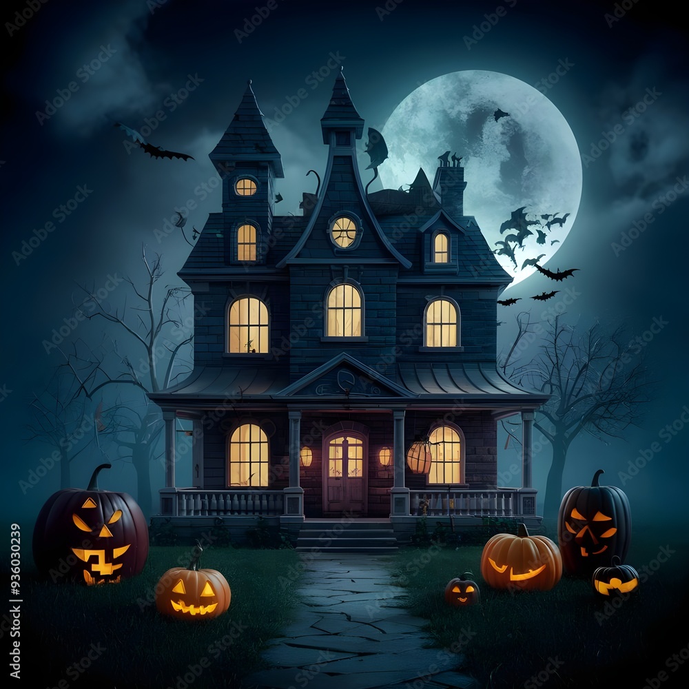 Fototapeta premium Free Photo Halloween design ghost house Generative Ai
