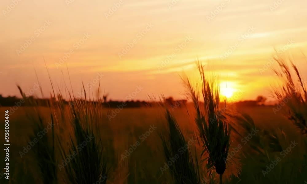 Tranquil 3d landscape at sunset with swaying tall grass Tranquil 3d landscape at sunset with swaying tall grass