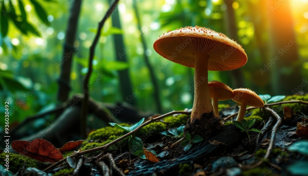 Fototapeta premium Mushroom Wallpaper ,Fantasy Wallpaper, 4K, Mushroom Light, Fantasy Mushroom, Jungle, Forest Mushroom, Jungle Background, fantasy, ai