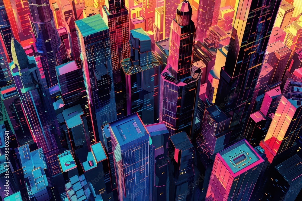 Obraz premium A Colorful, Geometrically-Stylized Cityscape with Tall Buildings