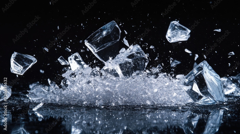 Ice, crushed on black background. Shards of crushed ice spreading away. The explosion of ice.