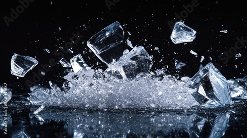Obraz na płótnie Ice, crushed on black background. Shards of crushed ice spreading away. The explosion of ice. w salonie