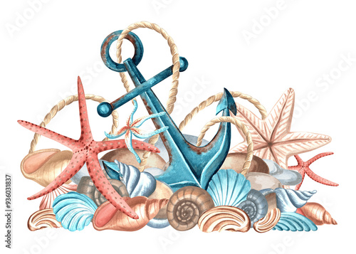 Anchor with shells and starfish on pebbles. Watercolor illustration, hand drawn, isolated. Marine composition. Oceanic animal. Marine life theme. Template for postcard, print, sticker, interior design