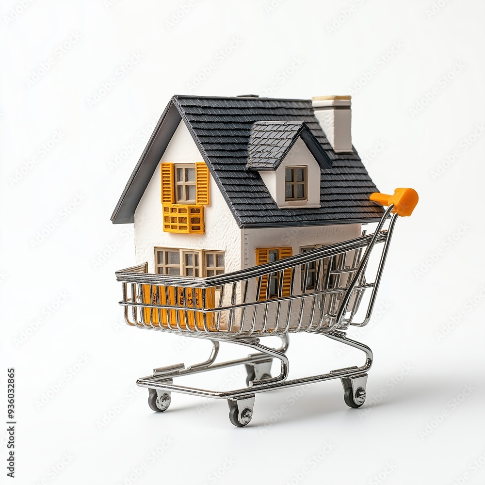 New house in shopping cart on white background, real state concept New house in shopping cart on white background, real state concept